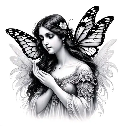 A Fairy Mother Gently Holding A Butterfly In Her Hand