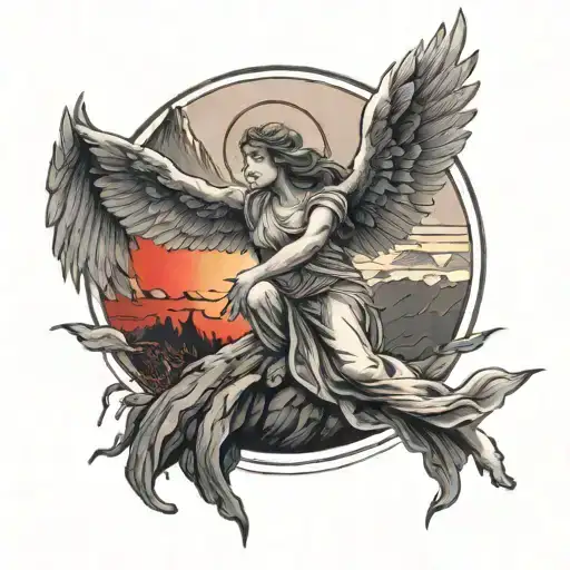 Angel Against The Backdrop Of Mountains And A Red Sun