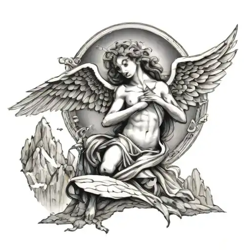 Angel Against The Backdrop Of Mountains