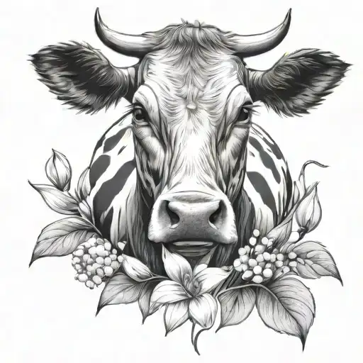 Fineline Minimalistic Tattoo Of A Cow With Lilly Of The Valley