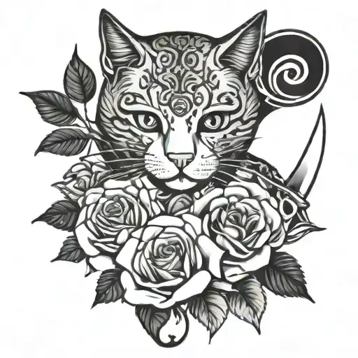Old School Tattoo - Knife - Roses - Cat Wearing A Harlot