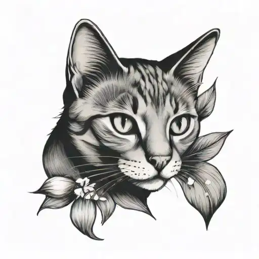 Fineline Minimalistic Tattoo Of A Cat With Lilly Of The Valley