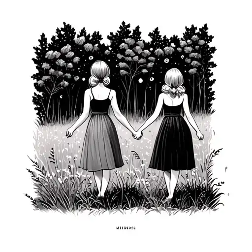 Two Girls Seen From Behind Walking In The Nature Hand To Hand