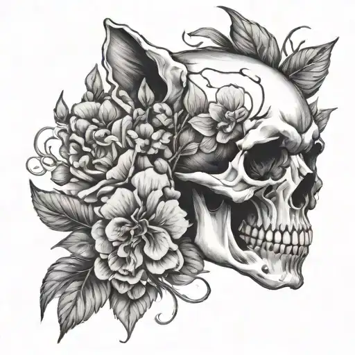 Skull And Cat And Flower Leaf