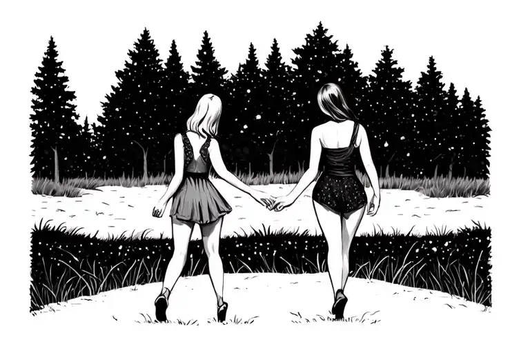 Two Sexy Girls Seen From Behind Walking In The Nature Hand To Hand