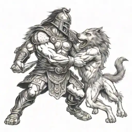 Muscular Gladiator Fighting A Wolf With Book I' Background