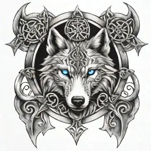 Wolf With Blue Eyes On Armor Tattoo Design Featuring Celtic Trinity Knot Tattoo With Cross