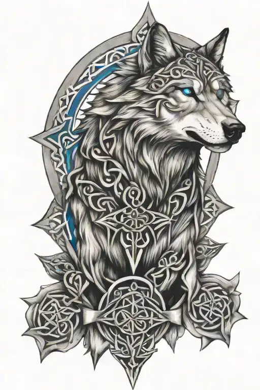 Wolf With Blue Eyes On Armor Tattoo Design Featuring Celtic Trinity Knot Tattoo With Christian Cross