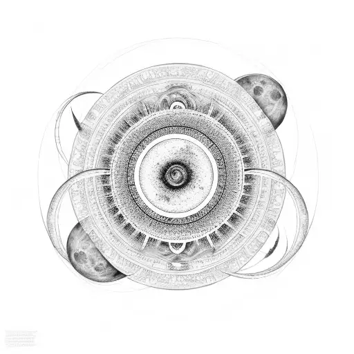 Intricate Black And Grey Spiral Mandala With Phases Of The Moon