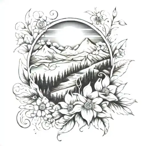 Mountain Sun River Flowers