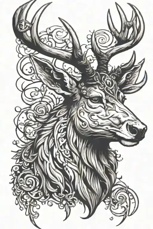 Mighty Stag Head Profil With Rings On Antlers And Nose
