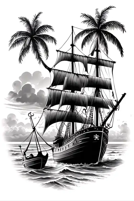 Beach Scene With Palm Trees And Pirate Ship