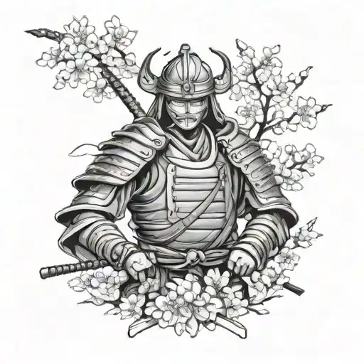 Please Design A Tattoo That Depicts A Samurai Wearing His Full Armor And Mask With 7 Cherry Blossoms