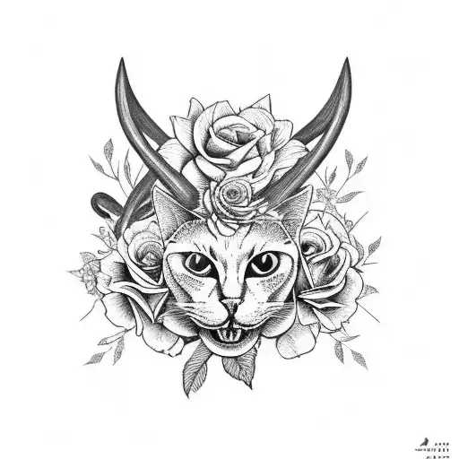 Cat Skull With Ram Horns With Flowers