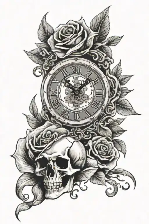 Skeleton Fingers With Half Rose Half Clock Surrounded