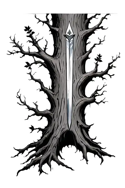 Sword In The Tree Trunk Growing In Wood