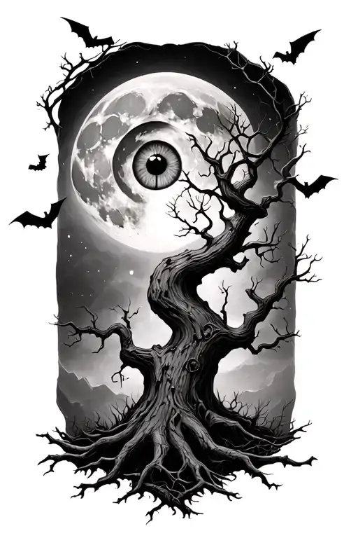 A Poison Tree With A Moon Above With An Eye In The Moon And A Couple Of Bats Flying Around
