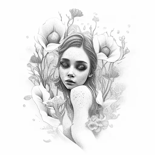 An Ethereal Black And Grey Tattoo Of A Mermaid Gracefully Swimming Through A Sea Of Blooming Flowers