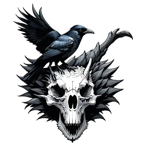 Black Crow Standing On A Dragon Skull