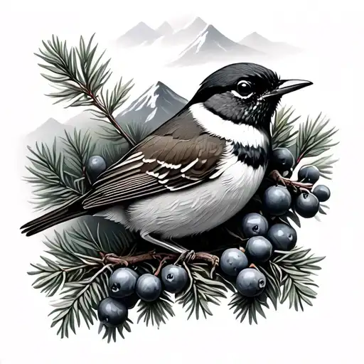 Juniper Berries Mountain Scene With Wren Bird