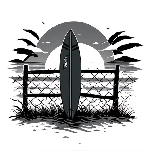 Background Of Beach And Sunrise Behind A Fence With Surfboard Resting On It