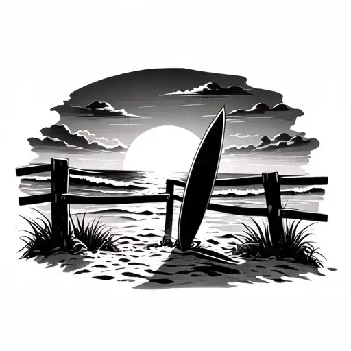 Background Of Beach And Sunrise Behind A Fence With Surfboard Resting On It