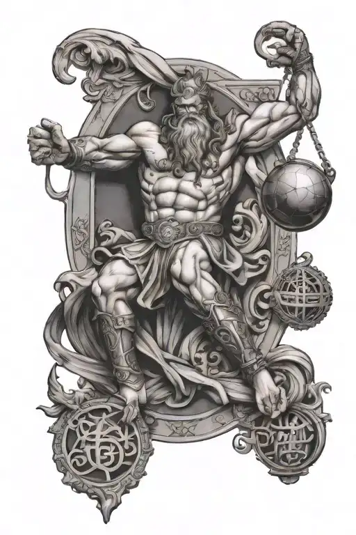 Greek Titan Atlas Holding Up The World Helped By The Norse God Odin With Norse Symbols
