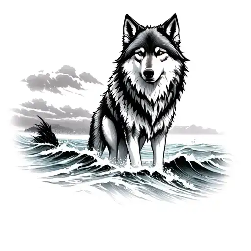 Wolf Standing At Sunrise At Sea