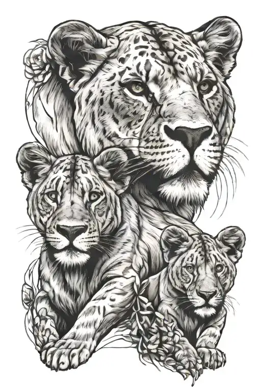 Lionesses With 3 Cubs Line Work