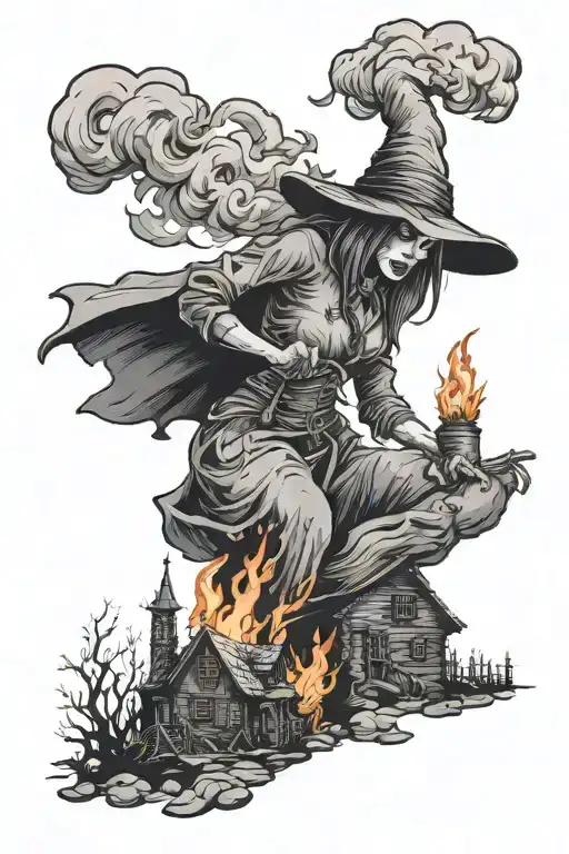 Salem Witch Burning With Old Village In The Background