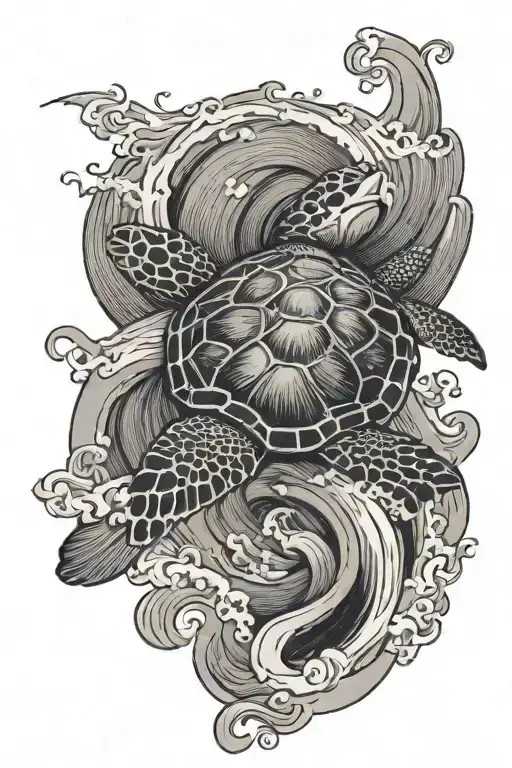 Sea Turtle With Waves Crashing In The Background