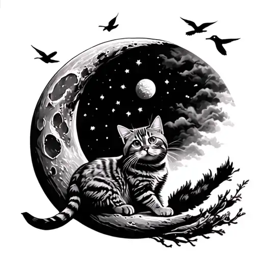 Cat On Moon Looking At 3 Birds Flying Away