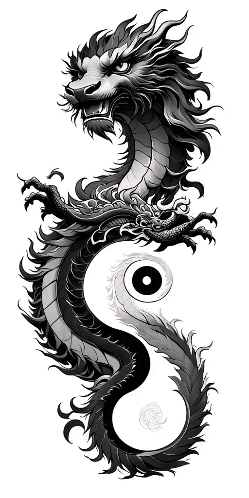 Chinese Mythology Inspired Tattoo Design Featuring Yin And Yang Chinese Lion And Dragon