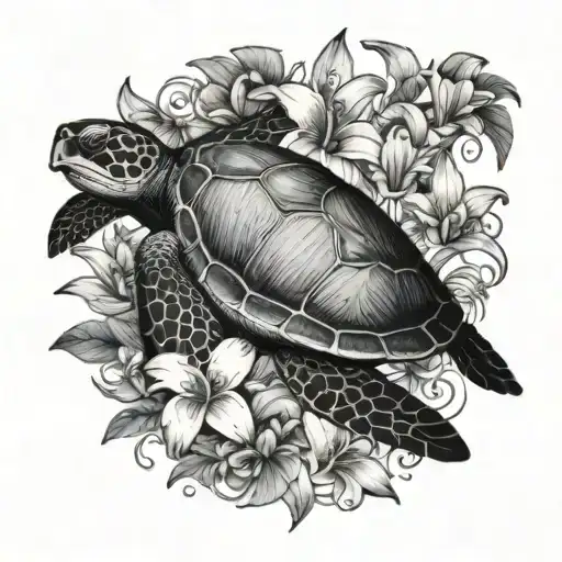 Sea Turtle With Violets And Lilly's Around It