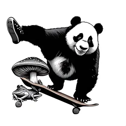 Panda Doing A Kick Flip On A Skateboard Over A Frog Leaning Against A Mushroom