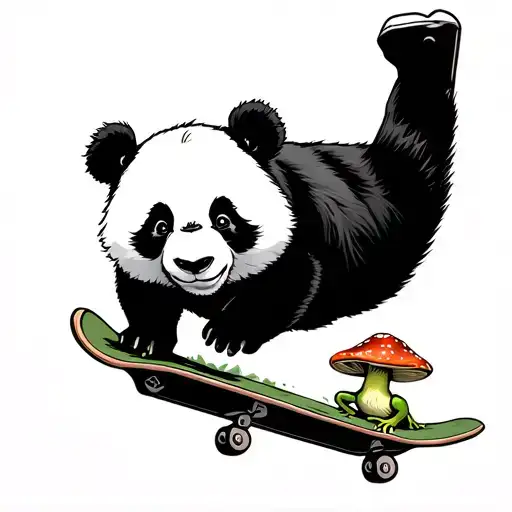 Panda Doing A Kick Flip On A Skateboard Over A Frog Leaning Against A Mushroom