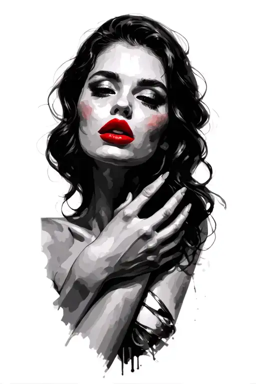 Sketch Female Face Red Lips Hands Over Chest