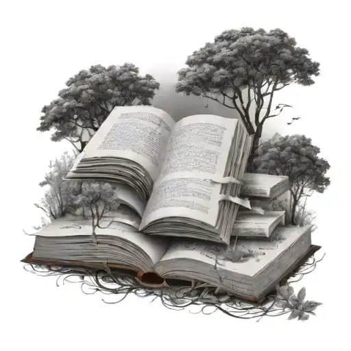 A Mystical Forest Scene Where The Trees Are Made Of Open Books With Pages Fluttering In The Wind