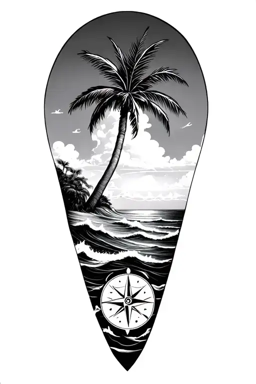 Desert Island Palm Tree Compass Waves Clouds