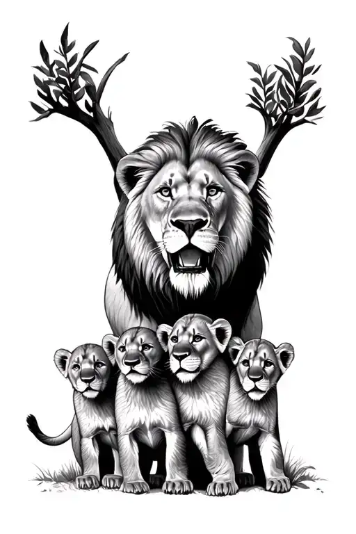 Lion With Three Cubs Playing