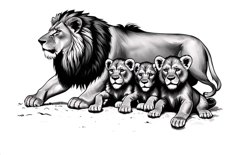 Lion With Three Cubs Playing