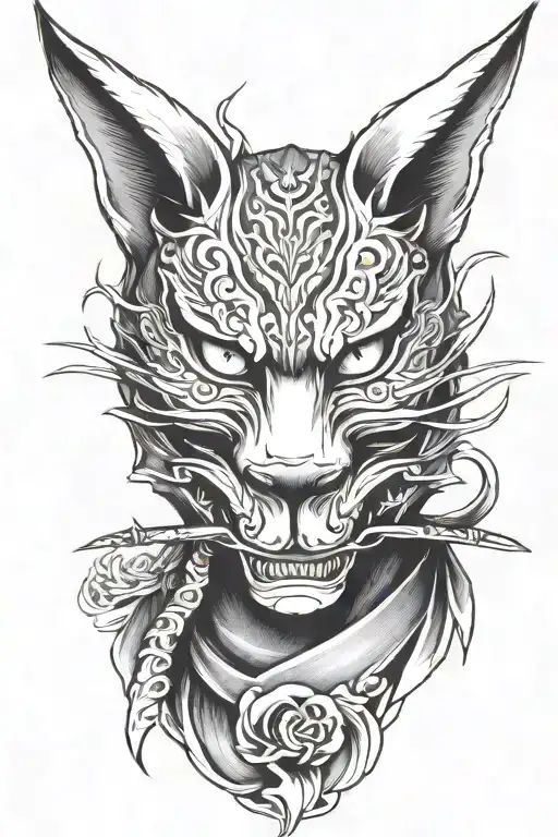 Kitsune Mask Split In Half With A Cat Samurai