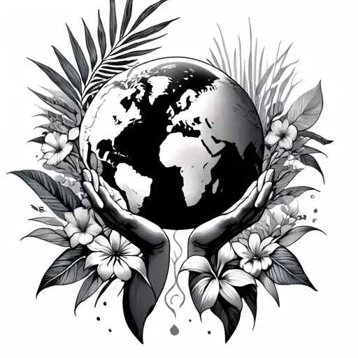 Full Body Atlas Holding Up The World And Tropical Flowers And Plants Around