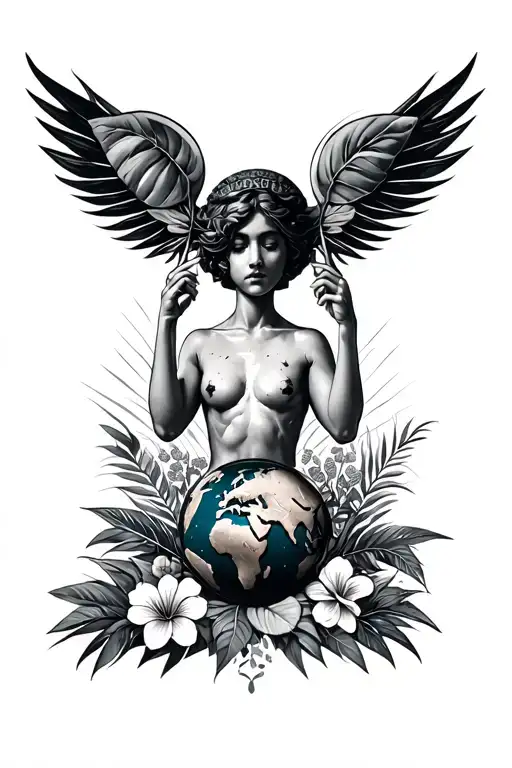 Full Body Atlas Holding Up The World And Tropical Flowers And Plants Around