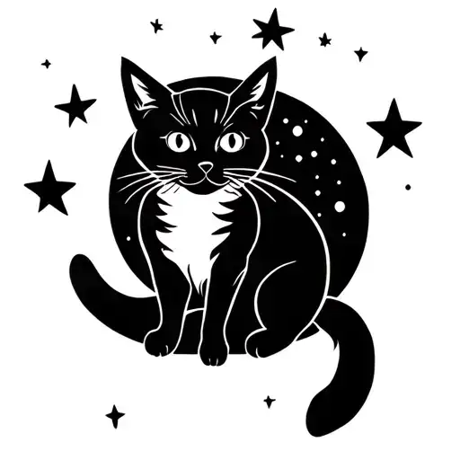 Outline Cat Sitting On Moon Looking At 3 Stars