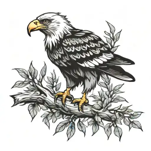 The Combination Of Eagle Tattoo Design On A Branch Of A Single Dried Tree With A Sharp Look