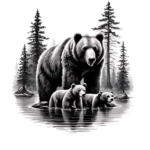 Arm Tattoo Of A Male Bear Lookiing Over A Mom Bear And 2 Cubs In A Lake Forest Setting