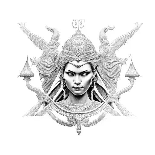 Intricate Black And Grey Design Of A Goddess Of Justice