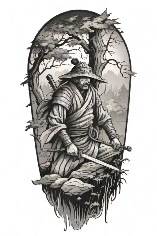 Lonely Samurai In A Forest Scene