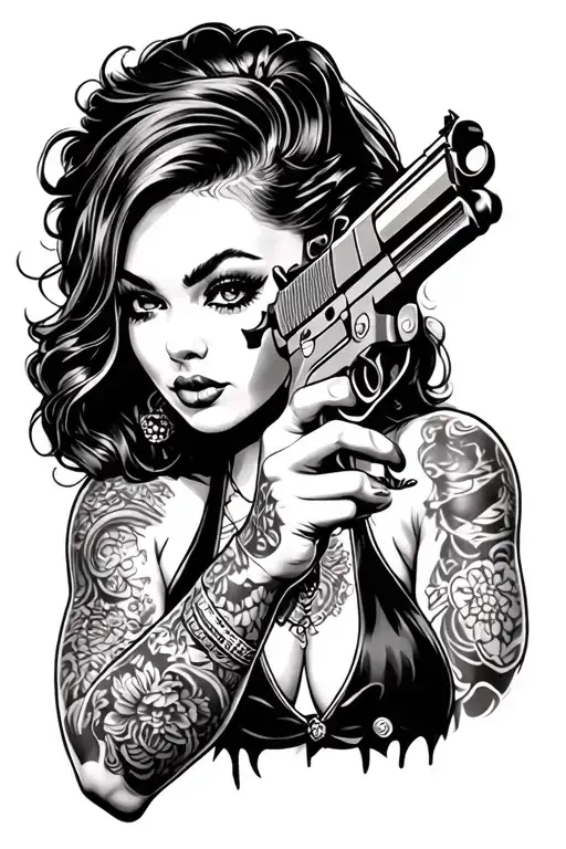 Old School Gansta Female With Gun Intertwined